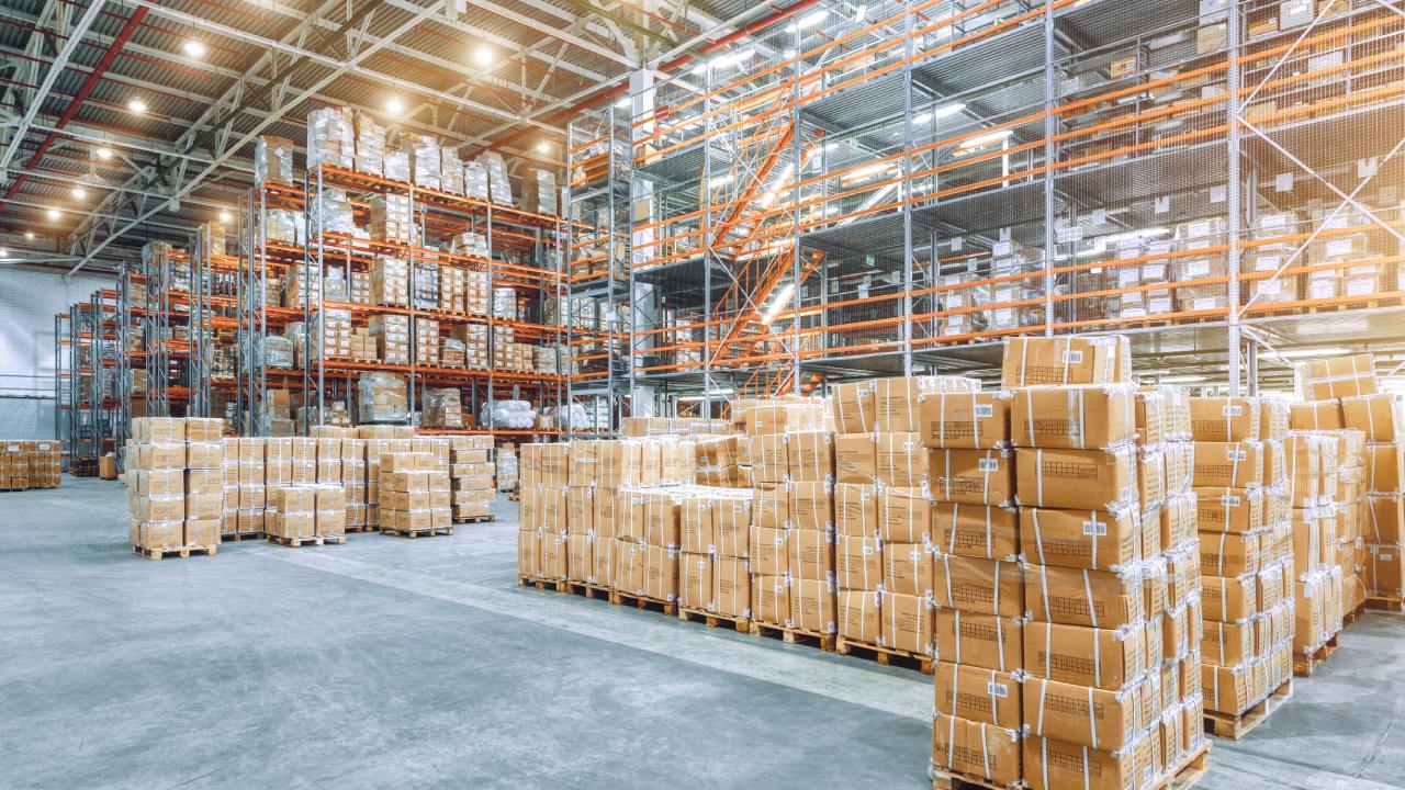 A large, clean, open warehouse with many wood pallets holding stacks of packages, ready to be moved.